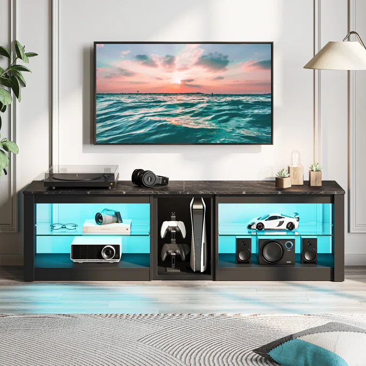 Brahma TV Stand for 70 inch TV, Gaming Media console for PS5, LED Entertainment Center with Glass Shelves