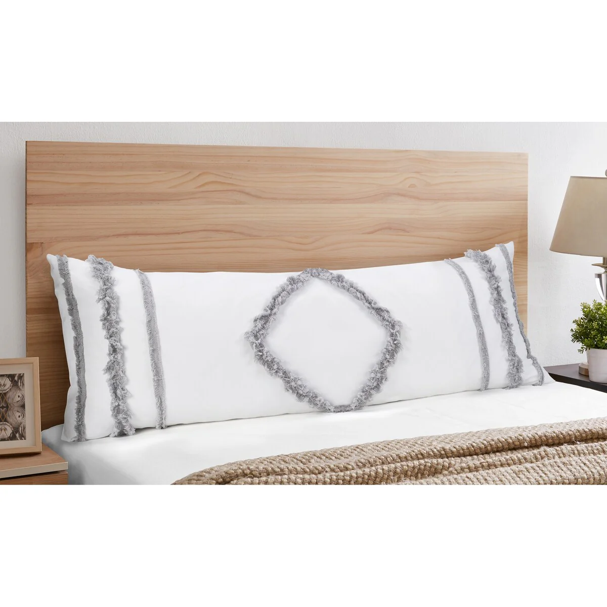 Sweet Jojo Designs Bohemian Boho Chic Body Pillow Case (Pillow Not Included) Grey White Farmhouse Shabby Macrame Trim Minimalist