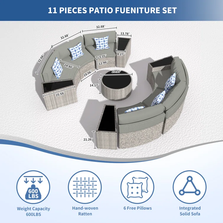 Dartmore Half-Moon 6 - Person Fully Assembled Curved Patio Conversation Set With Fire Pit Table & Side Table