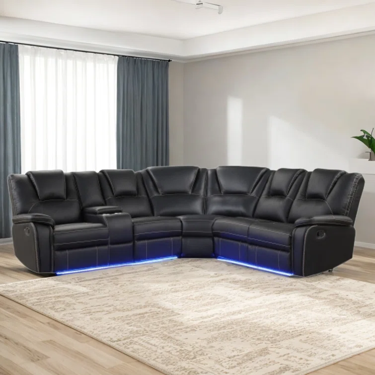 Yaniah Manual Reclining Sectional Sofa Set with LED Strips and Cup Holders