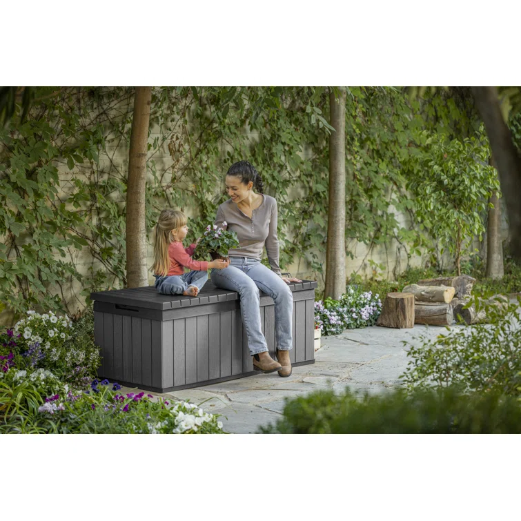 Keter Darwin 100 Gallon Durable Resin Outdoor Storage and Organization Deck Box Ideal For Garden Patio Furniture and Supplies, Graphite