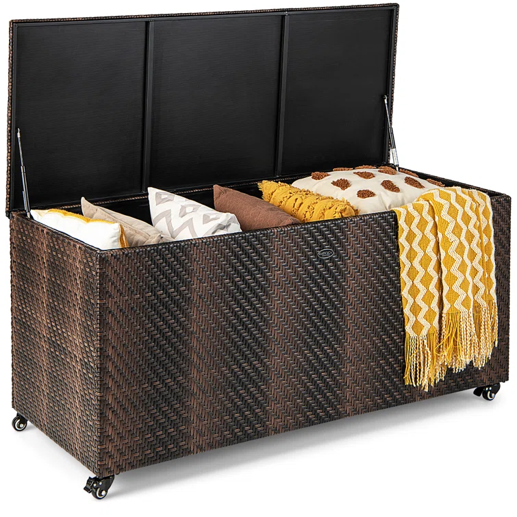 Gymax 52'' W 96 Gallons Water Resistant Wicker Deck Box with Wheels