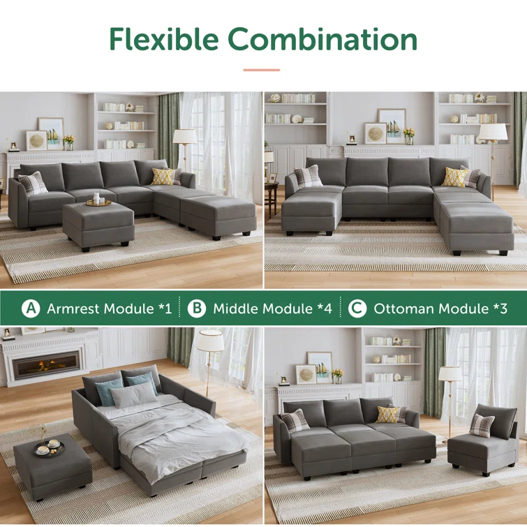 Tremee U Shaped Velvet Modular Sectional Couch for Living Room