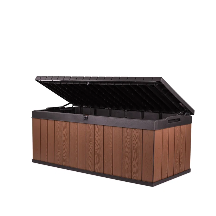 Keter Darwin 100 Gallon Durable Resin Outdoor Storage and Organization Deck Box Ideal For Garden Patio Furniture and Supplies, Brown