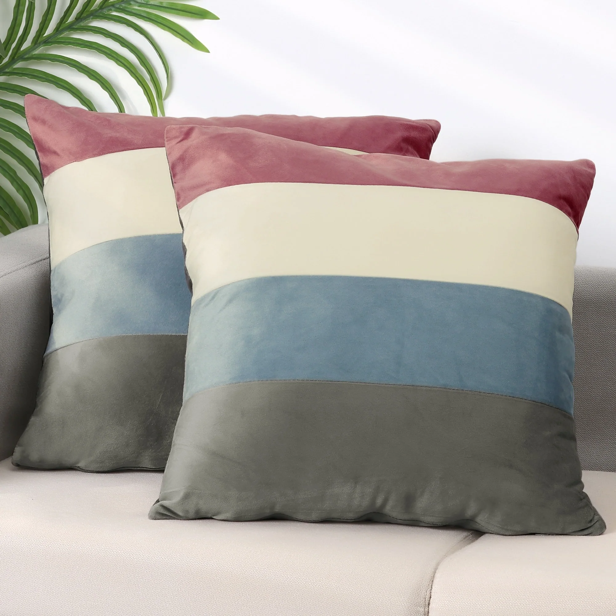2Pcs Striped Velvet Cushion Covers, Contrast Color Throw Pillow Covers