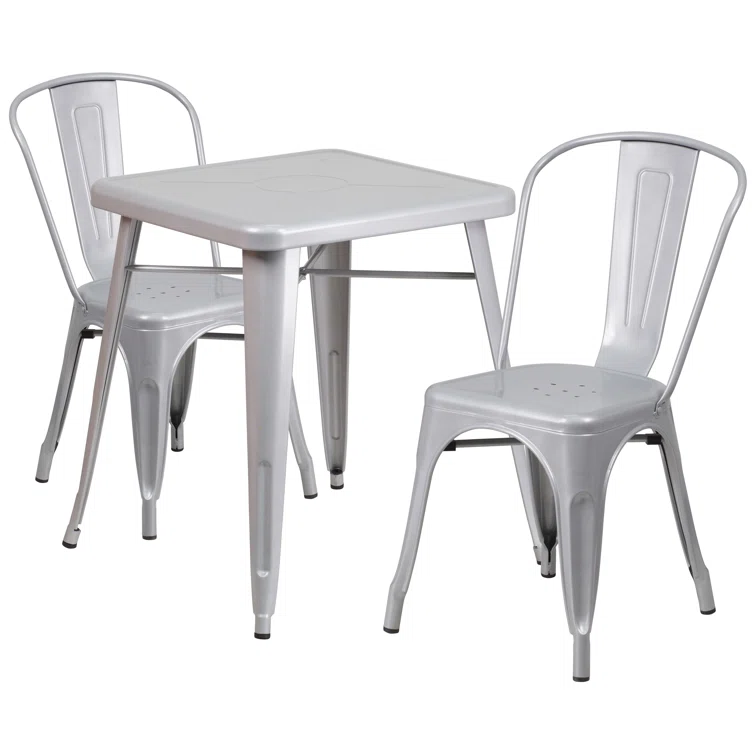 Geneen 23.75'' Square Metal Indoor-Outdoor Table Set with 2 Stack Chairs