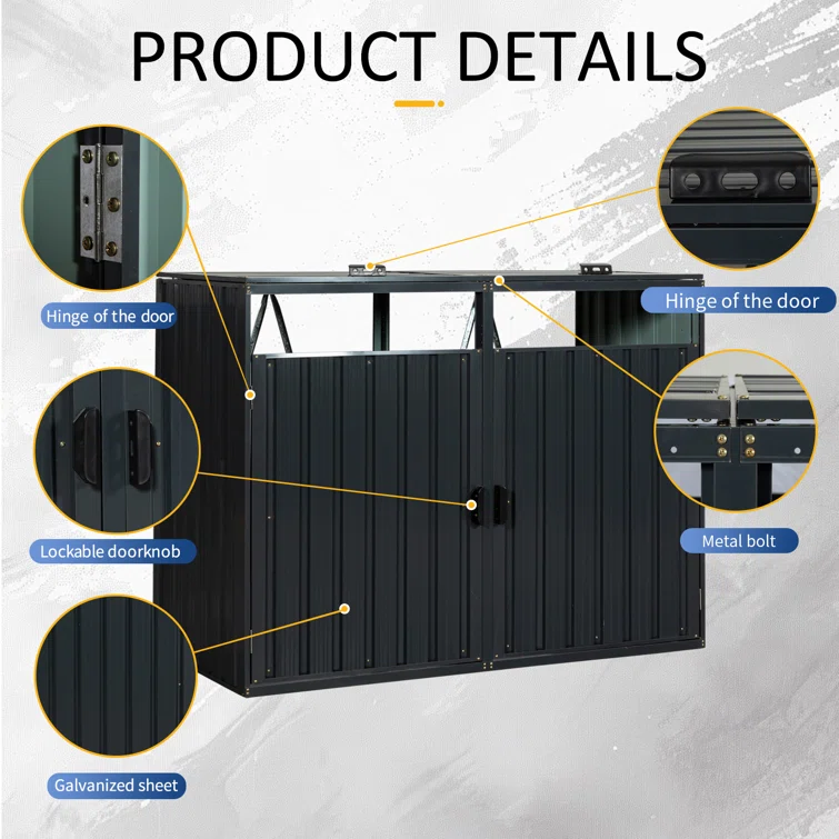 Metal Outdoor Garbage Bin Shed for 2 Trash Cans Black Stainless Galvanized Steel