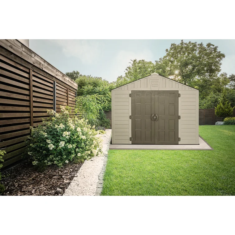 Keter Stronghold 10x8 ft. Durable Resin Outdoor Storage Shed With Floor and Double Doors for Garden Patio Furniture and Tools, Brown