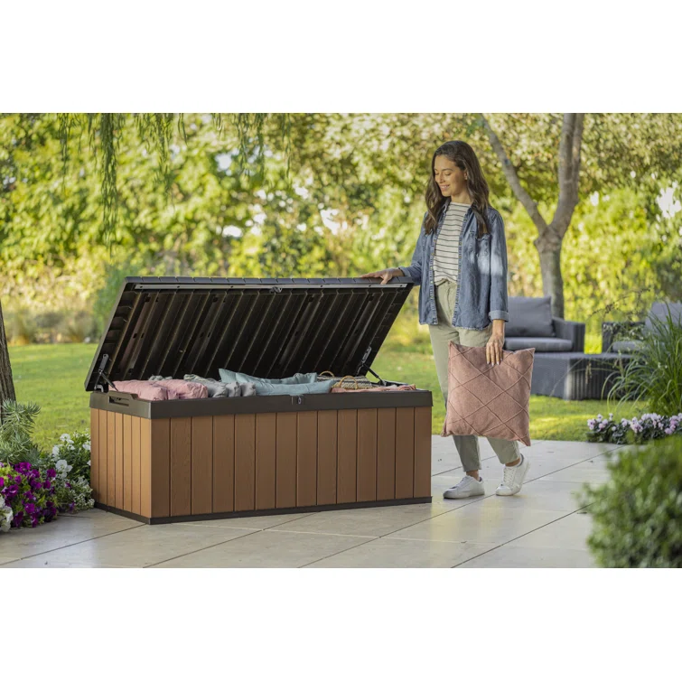 Keter Darwin 100 Gallon Durable Resin Outdoor Storage and Organization Deck Box Ideal For Garden Patio Furniture and Supplies, Brown