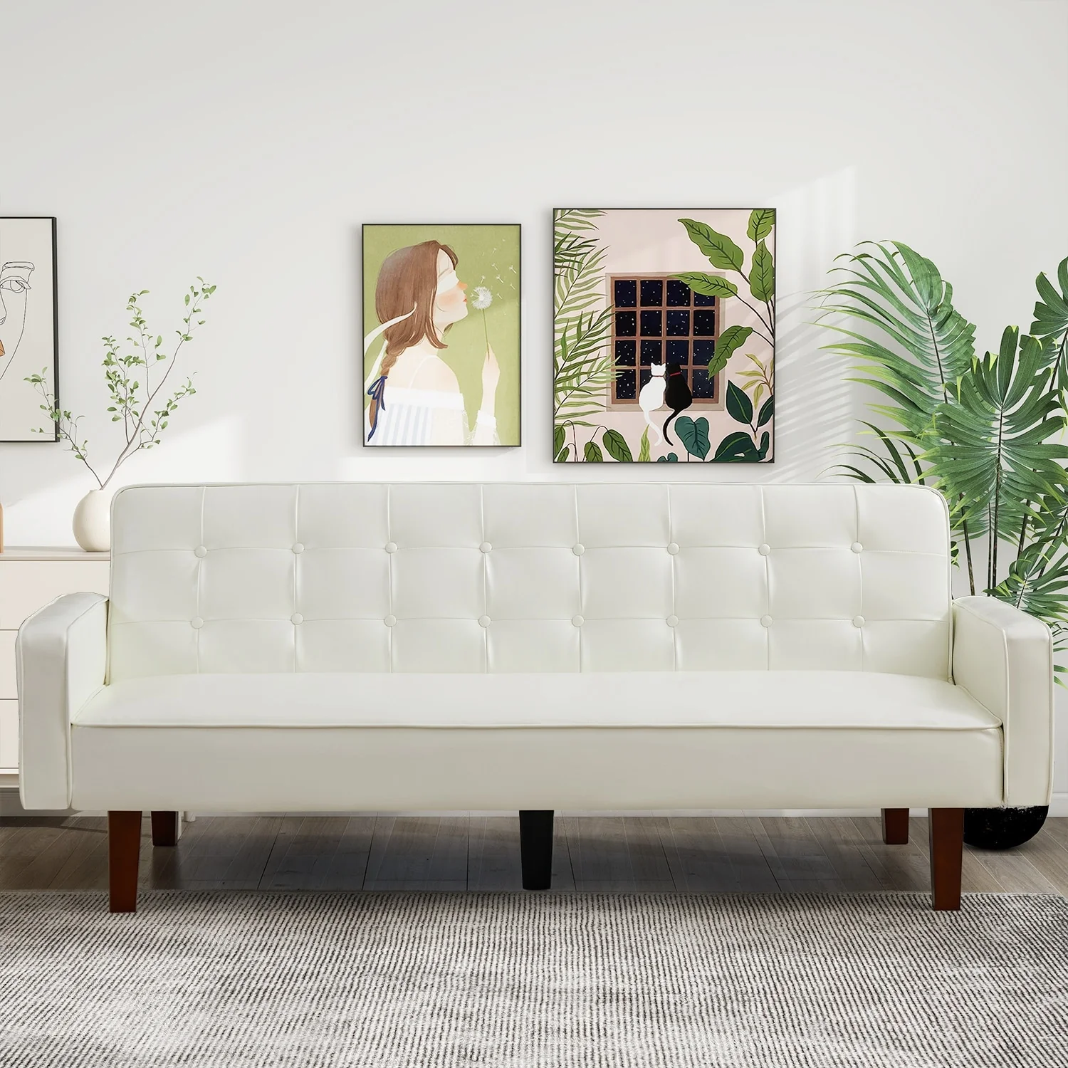 74.4 inches Faux Leather Full Handcrafted Button Tufted Sofa 3-Seat, Convertible Sleeper Couch Adjustable Backrest