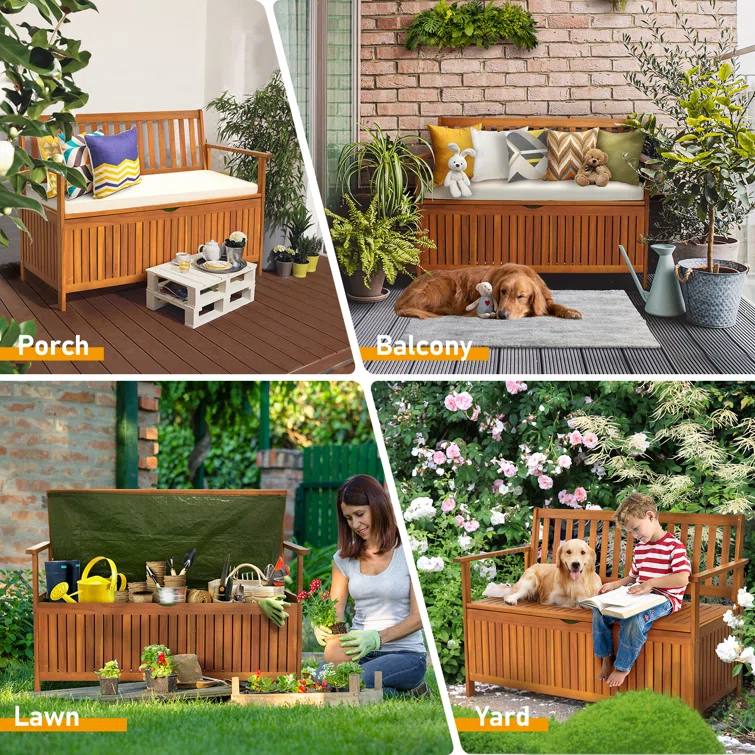 Winado 43 Gallons Acacia Solid Wood Storage Box Bench with Cushion