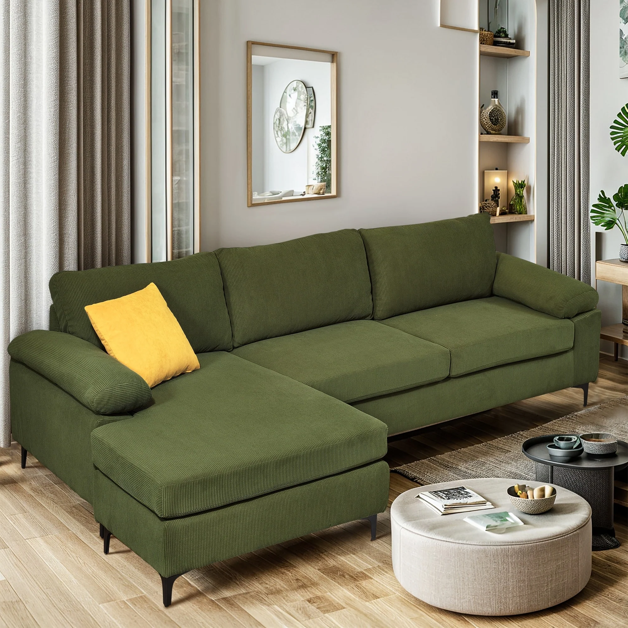 HOOOWOOO Modern Polyester Convertible Chaise Sofa with Metal Legs for Living Room