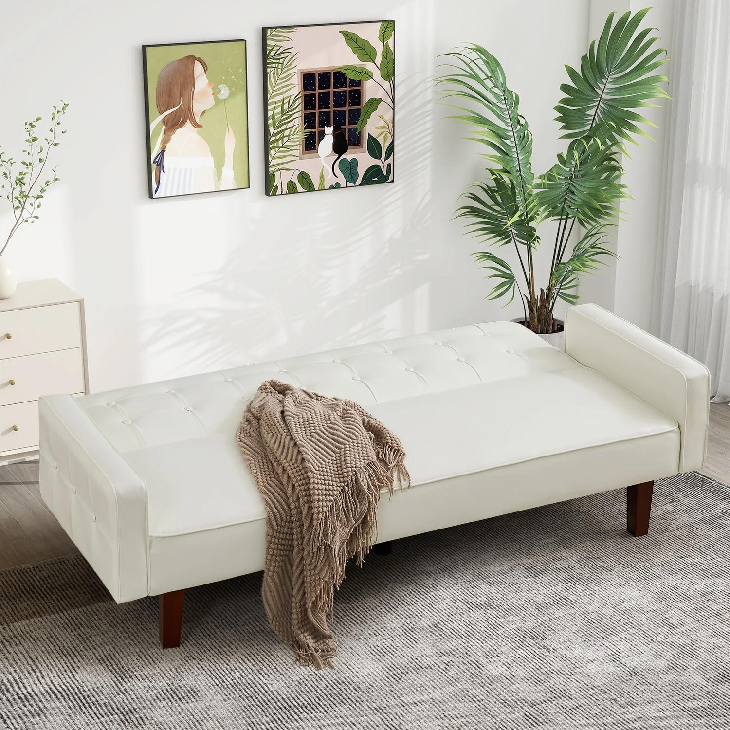 74.4 inches Faux Leather Full Handcrafted Button Tufted Sofa 3-Seat, Convertible Sleeper Couch Adjustable Backrest