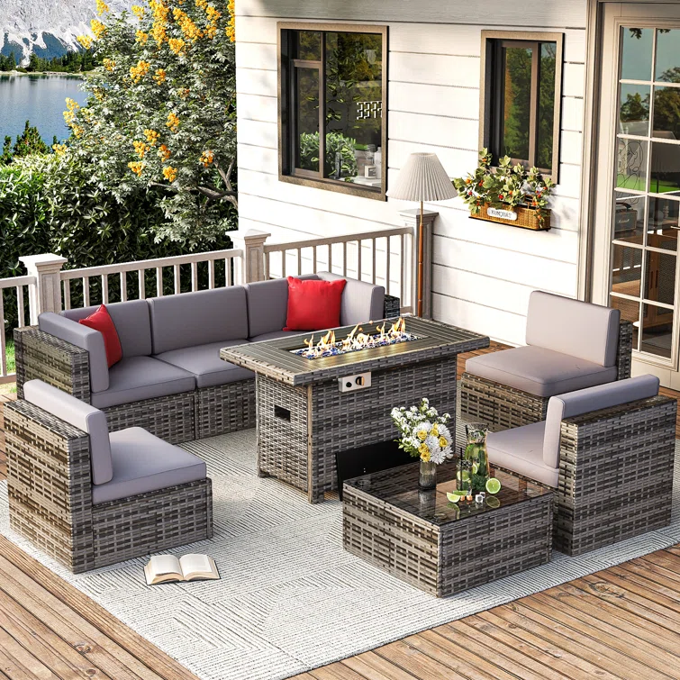 Caradog Wicker 6 - Person Patio Conversation Sets with Cushions Coffee Table and Fire Pit