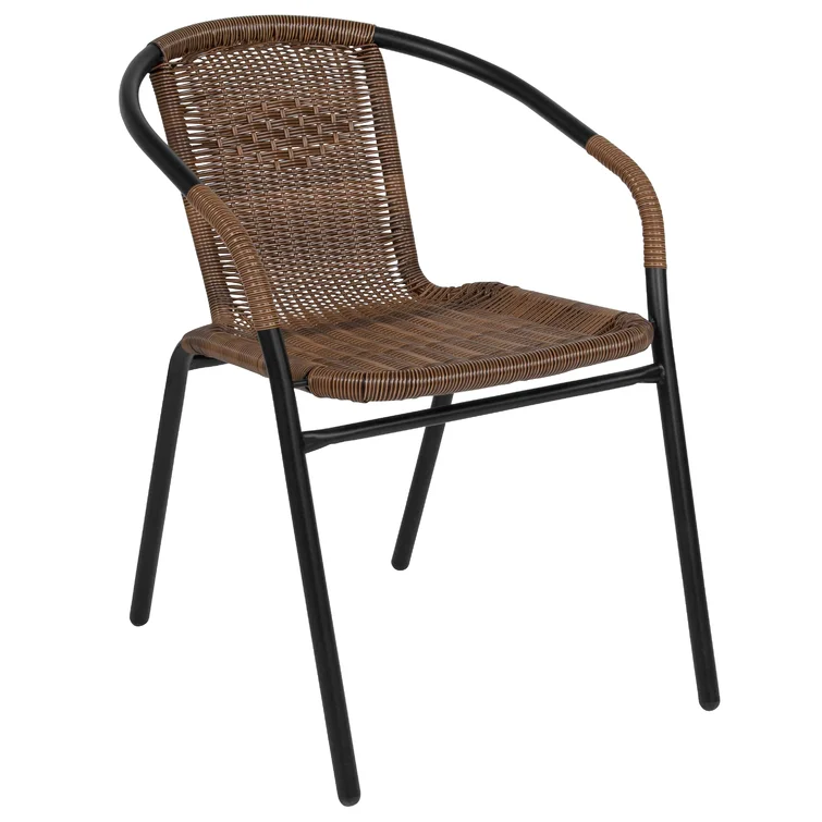 28'' Round Glass Table with Rattan Edging and 4 Rattan Stack Chairs