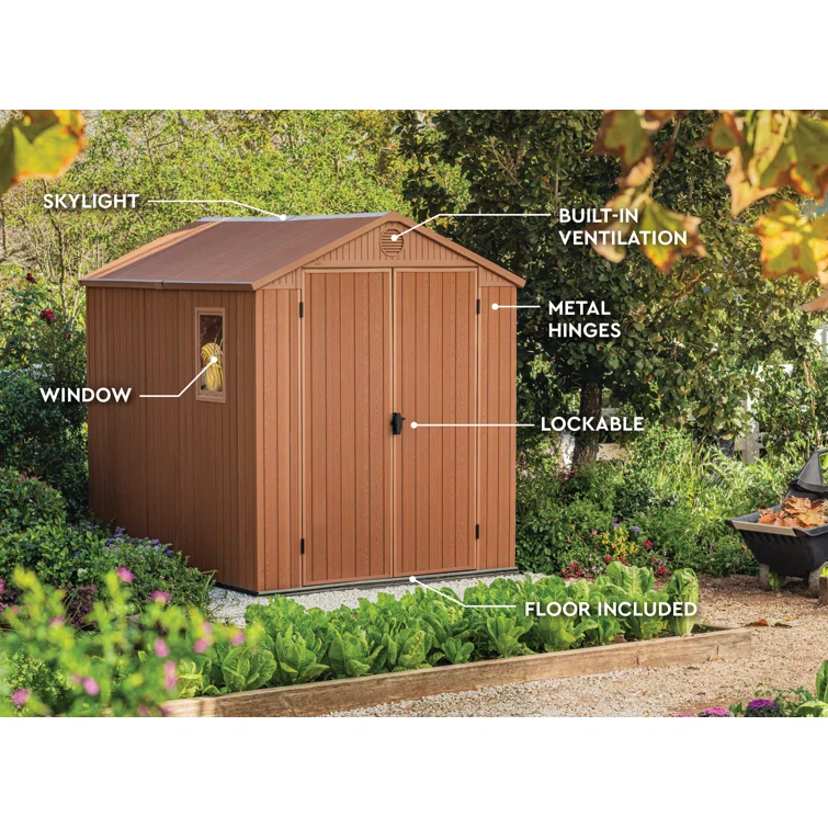 Keter Darwin 6x8 ft. Durable Resin Outdoor Storage Shed With Floor and Double Doors for Garden Patio Furniture and Tools, Brown