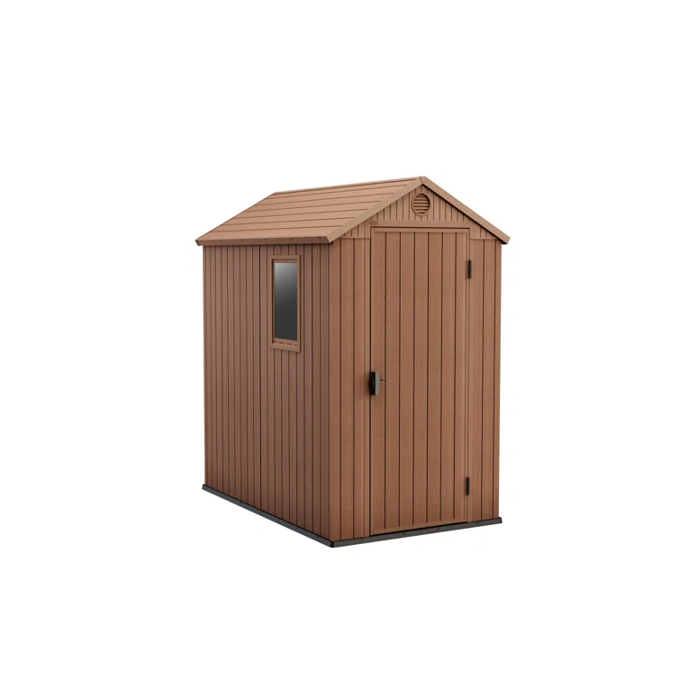 Keter Darwin 4x6 ft. Durable Resin Outdoor Storage Shed With Floor and Double Doors for Garden Patio Furniture and Tools, Brown