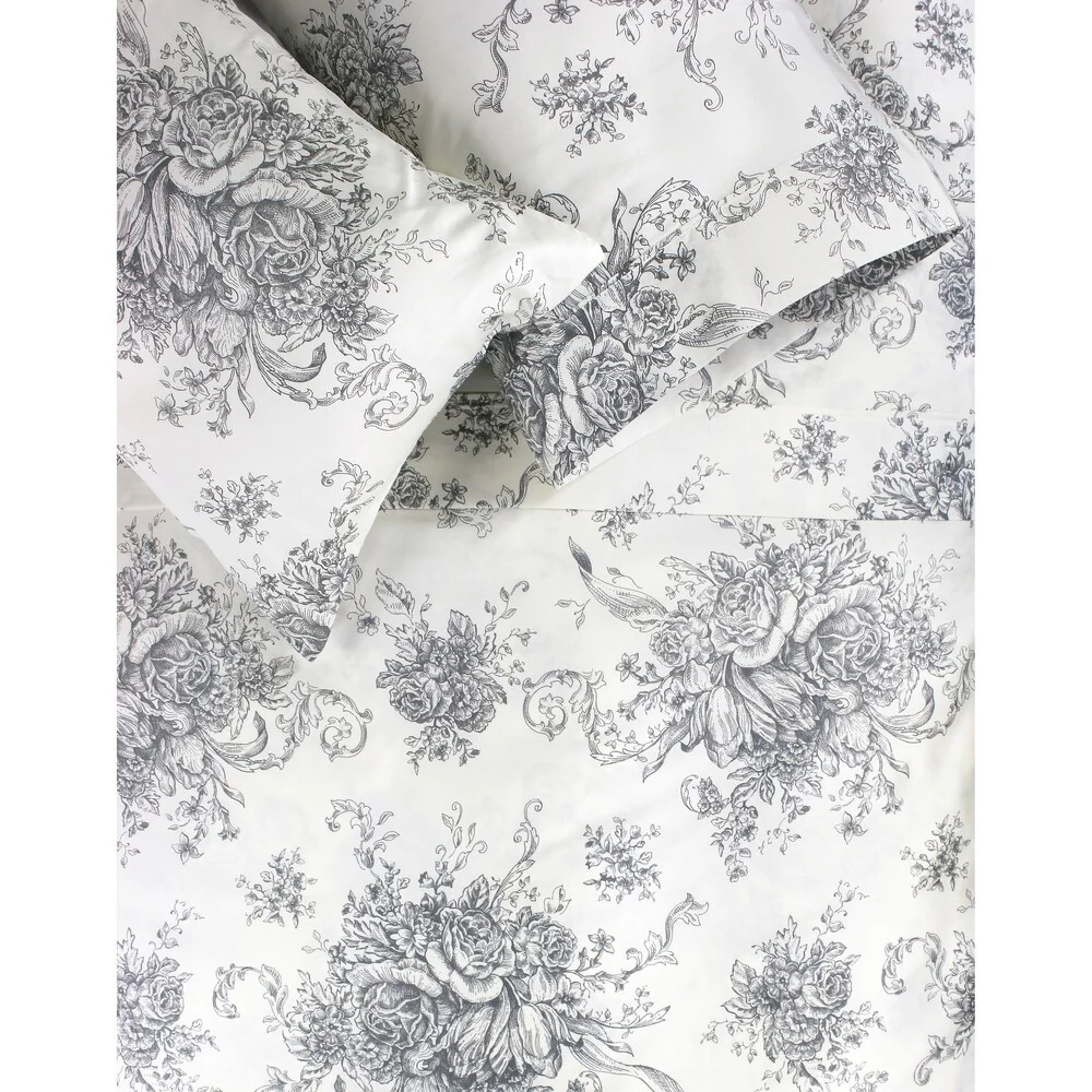 Printed Design Cotton Collection 400 Thread Count Grey Toile Bed Sheet Set