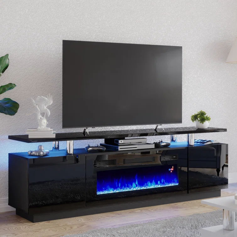 Emyrson High Gloss TV Stand for TVs, Electric Fireplace Included, with 2 Tier TV Console Cabinet
