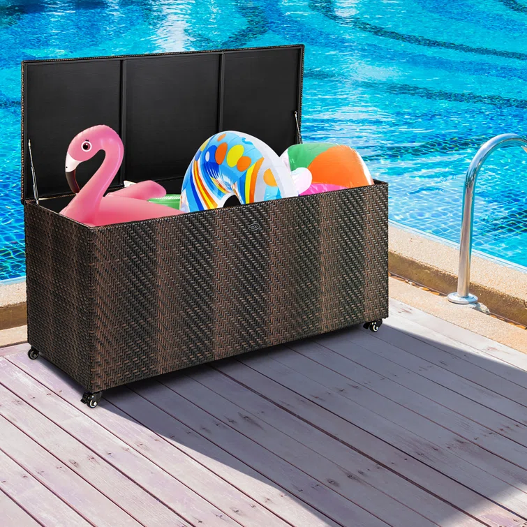 Gymax 52'' W 96 Gallons Water Resistant Wicker Deck Box with Wheels