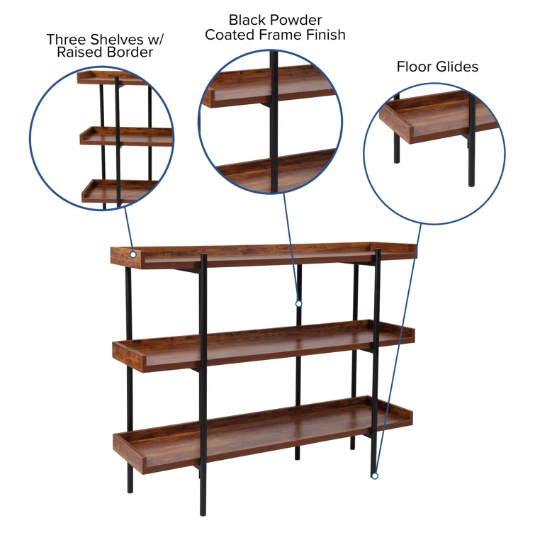 Ohlson 3 Shelf 35"H Display Unit with Metal Frame in Rustic Wood Grain Finish