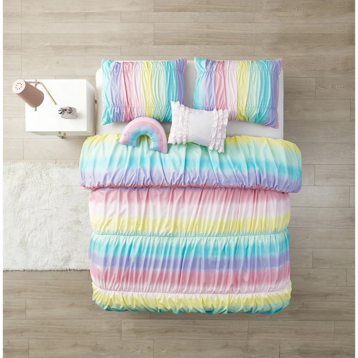 Rainbow Ruched Ultra Soft Microfiber Comforter Set with Rainbow Shaped Pillow & Ruffle Pillow