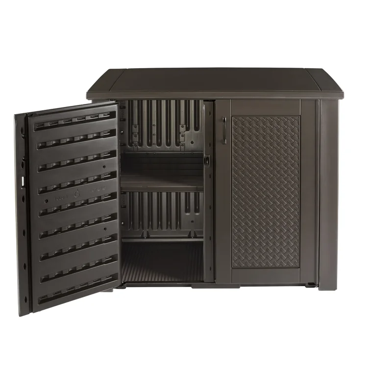 Patio 123 Gallon Water Resistant Plastic Lockable Cabinet Deck Box in Chocolate