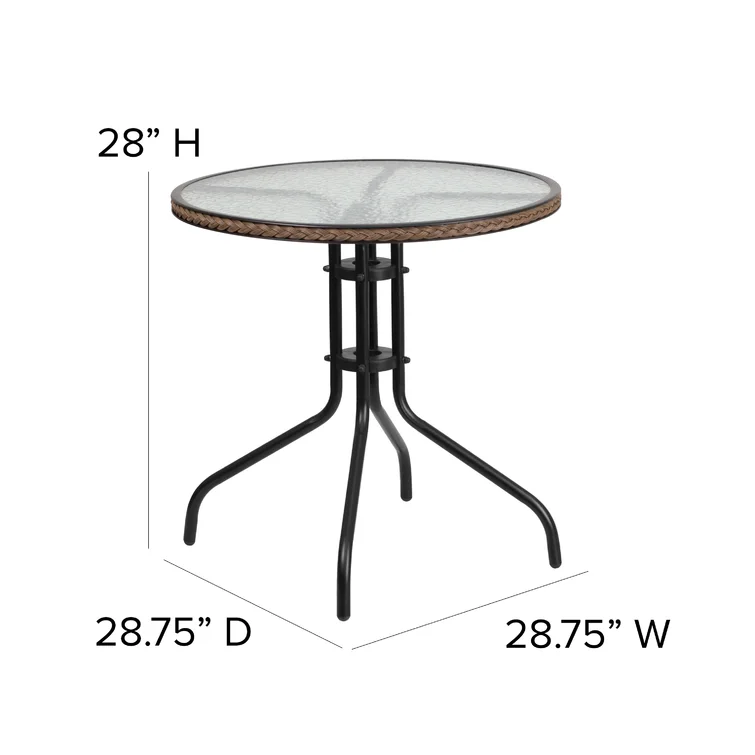 28'' Round Glass Table with Rattan Edging and 4 Rattan Stack Chairs