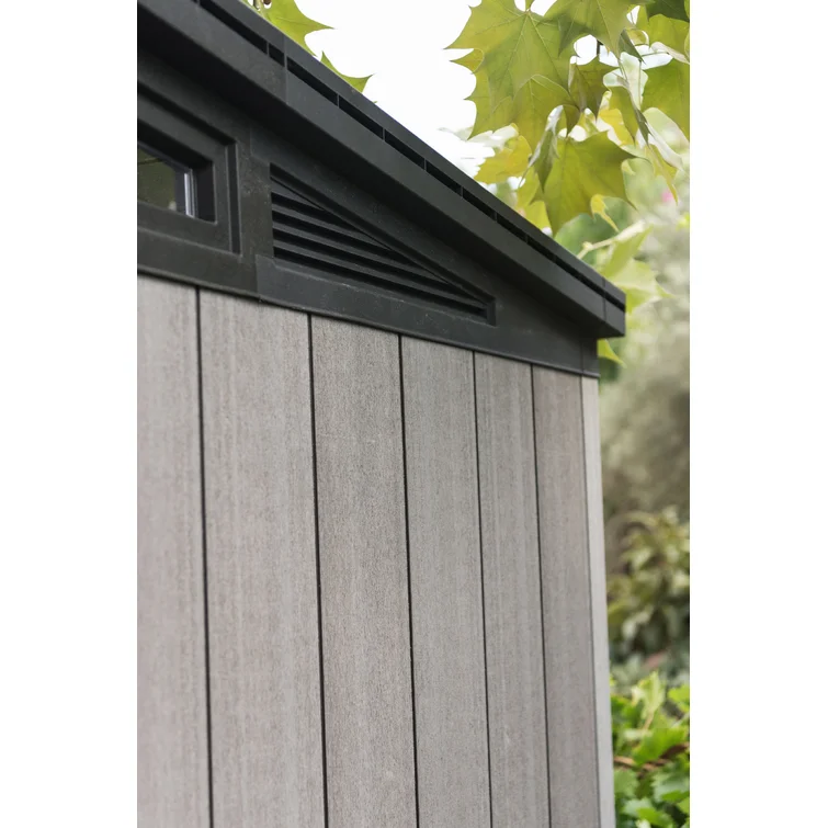Keter Artisan 9x7 ft. Modern Durable Resin Outdoor Storage Shed With Floor and Double Doors for Garden Patio Furniture and Tools, Grey
