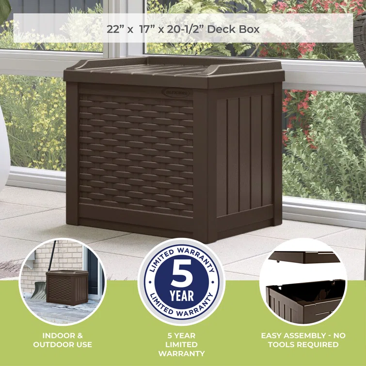 Suncast Wicker 22 Gallon Water Resistant Resin Deck Box with Storage Seat in Java