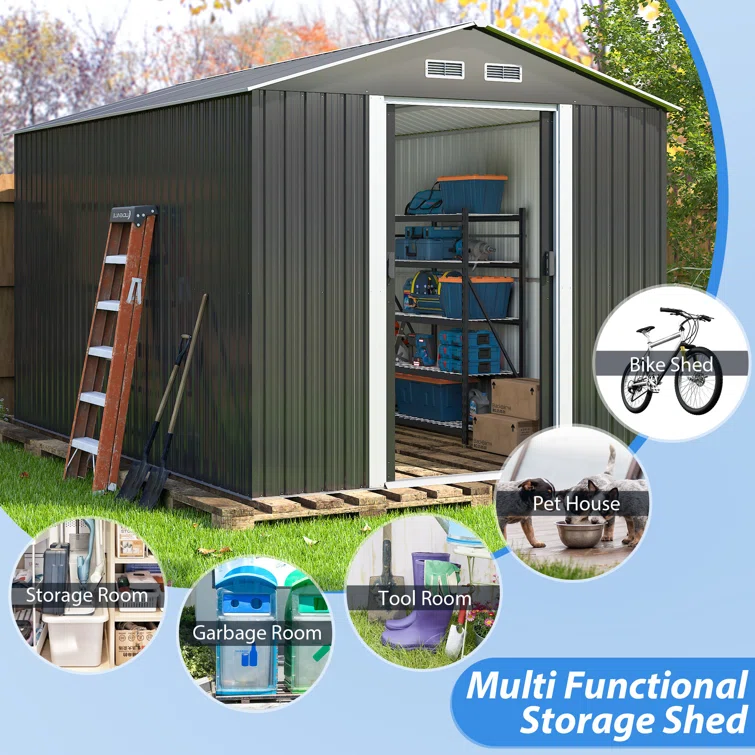 8 ft. W x 12 ft. D Metal Storage Shed, Tool Garden Shed, Outdoor Storage House with Lockable Sliding Doors and Vents for Garden, Backyard, or Other Outdoor Use, Charcoal Black