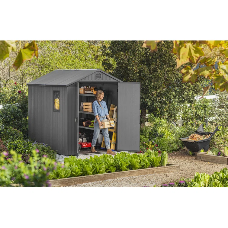 Keter Darwin  6x 8 ft. Durable Resin Outdoor Storage Shed With Floor and Double Doors for Garden Patio Furniture and Tools, Graphite