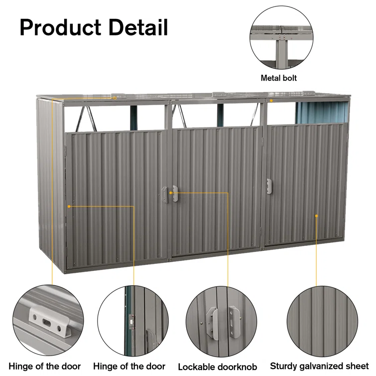 7.8' W Outdoor Trash Can Storage, Storage Shed For 3 Trash Cans Tools, Waterproof Garbage Bin Shed