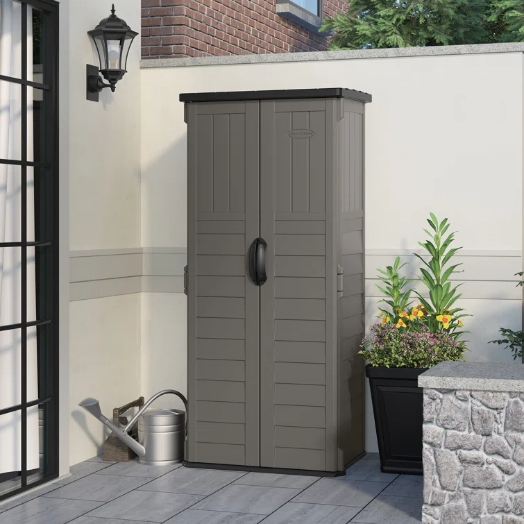 Suncast Outdoor Vanilla 32.25 in. W x 24.75 in. D x 72 in. H Resin Vertical Tool Shed