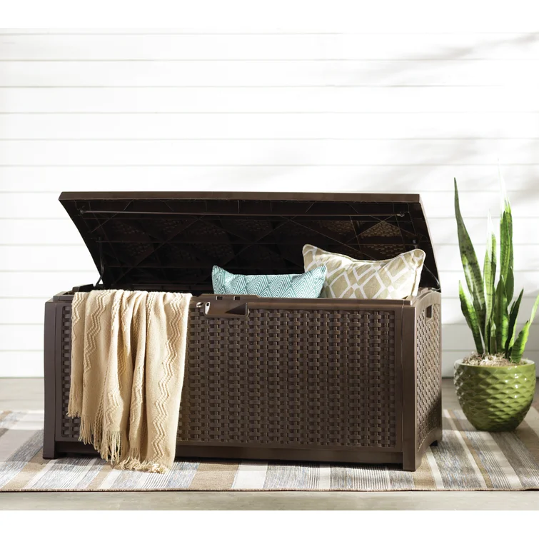 Suncast Wicker 73 Gallon Water Resistant Deck Box in Java