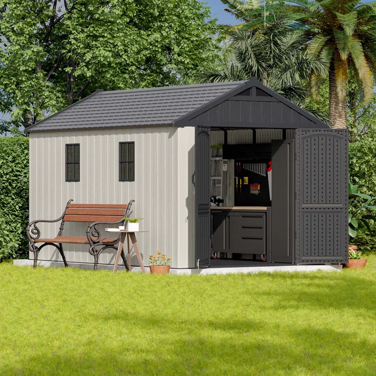 8 Ft. W X 12 Ft. D Plastic Storage Shed With Floor, Resin Shed With Reinforced Steel Structure, Beige