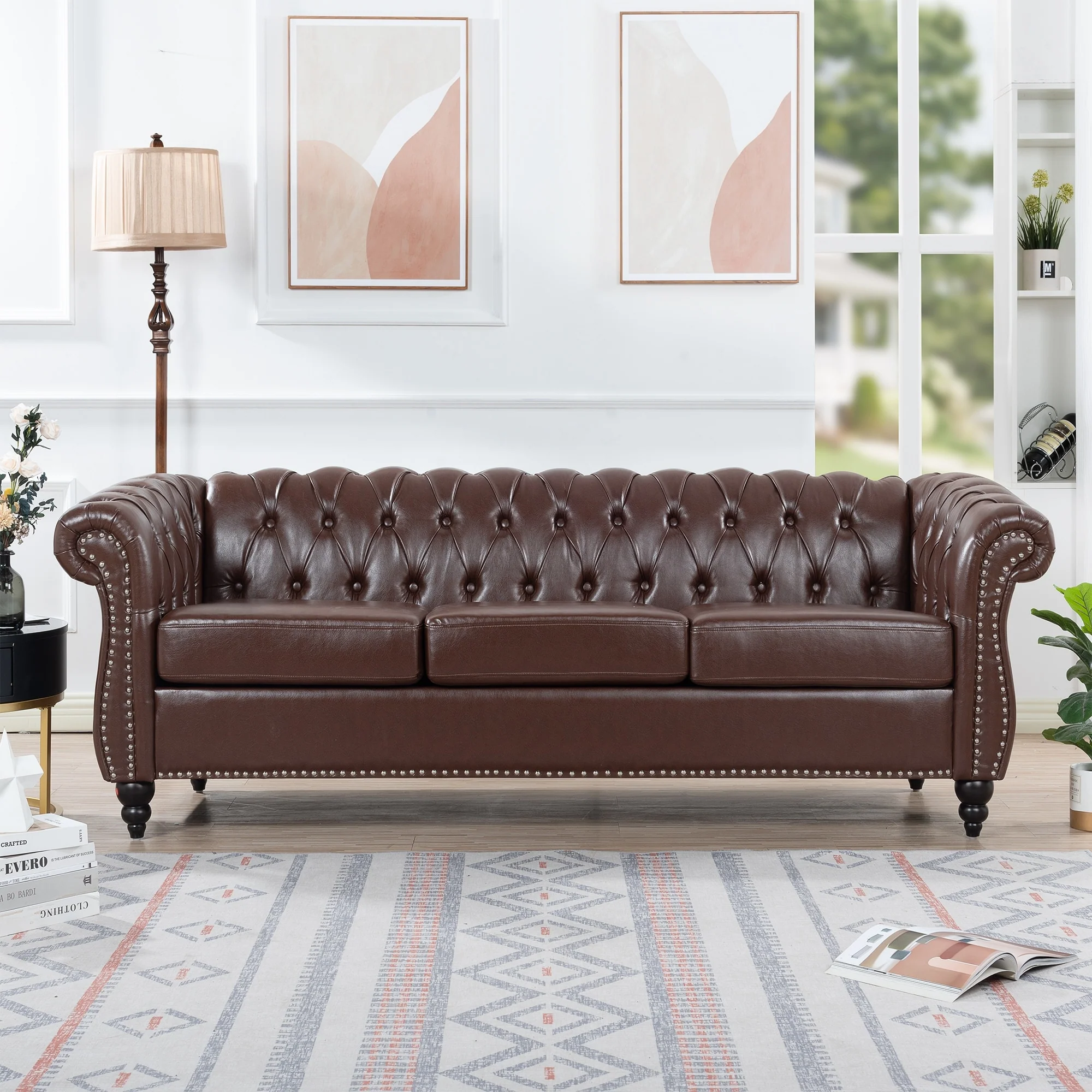 Faux Leather Rolled Arm Chesterfield Three Seater Sofa