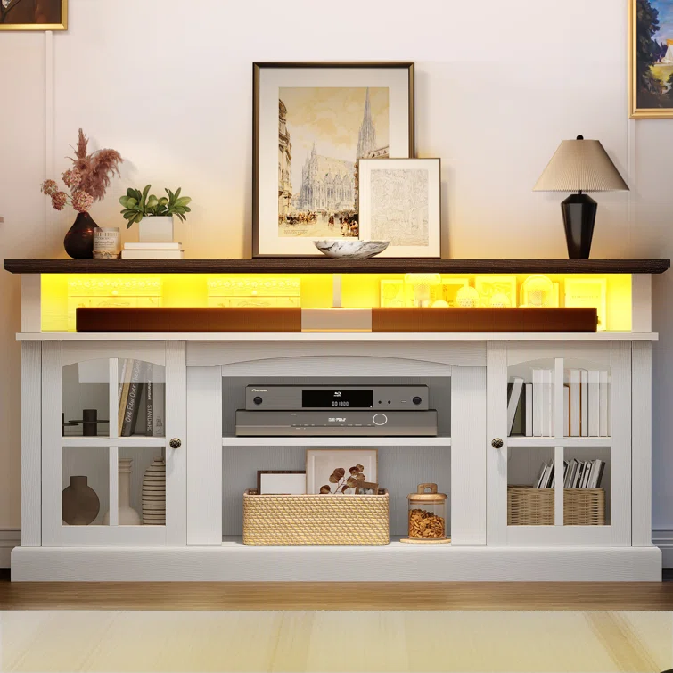 LED Farmhouse Media Entertainment Center Console Table TV Stand w/Outlets and Cabinet Glass Door