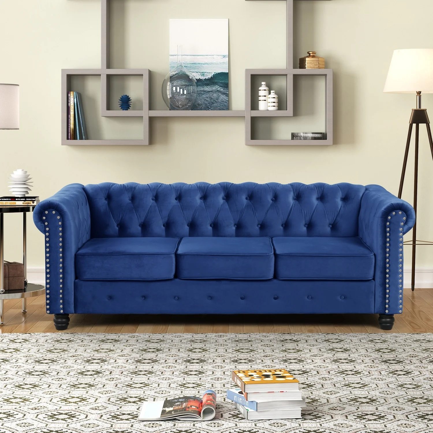 Morden Fort Velvet Upholstered Chesterfield Sofa with Nailhead and Solid Legs for Living Room