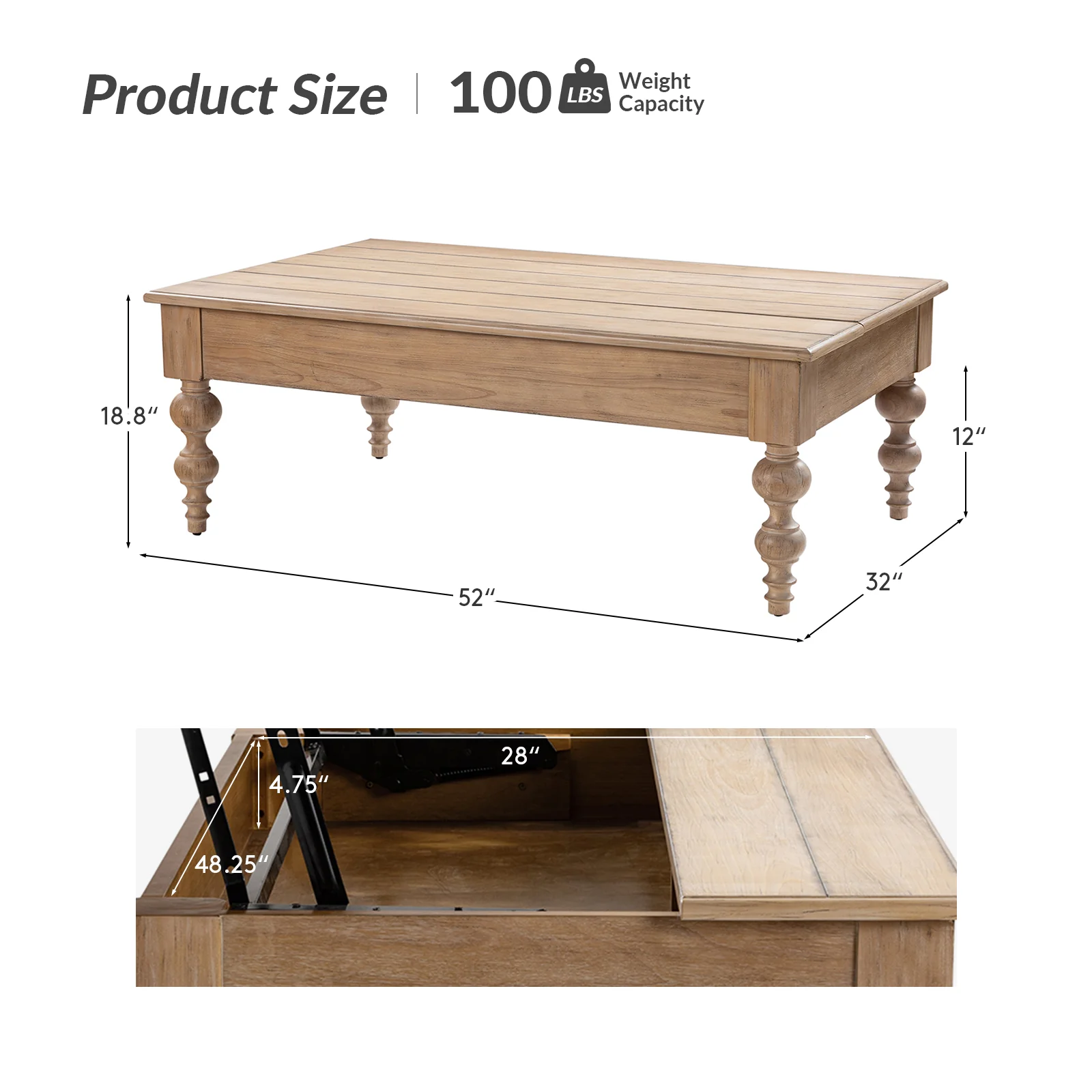 Cynthia Lift Top 4 Legs Ottoman Coffee Table with Storage