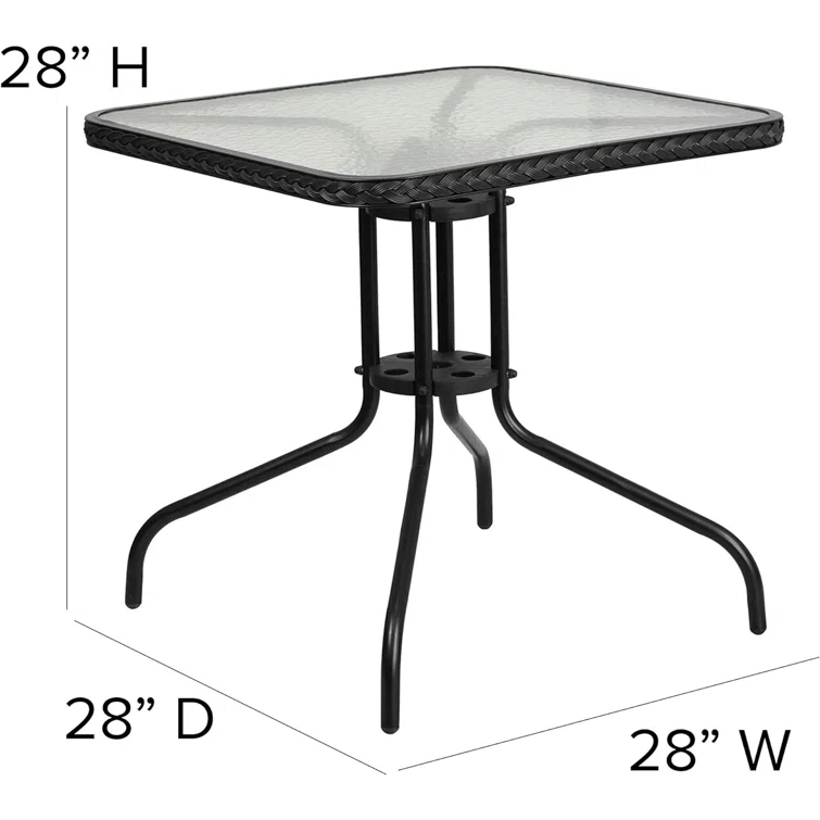 Amlie 28'' Square Glass Metal Table with Rattan Edging and 4 Rattan Stack Chairs