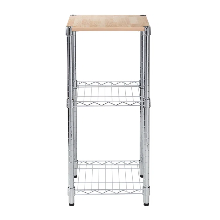 3-Tier Steel Shelving Unit with Laminate Wood Top (15" W X 30" H X 14" D)