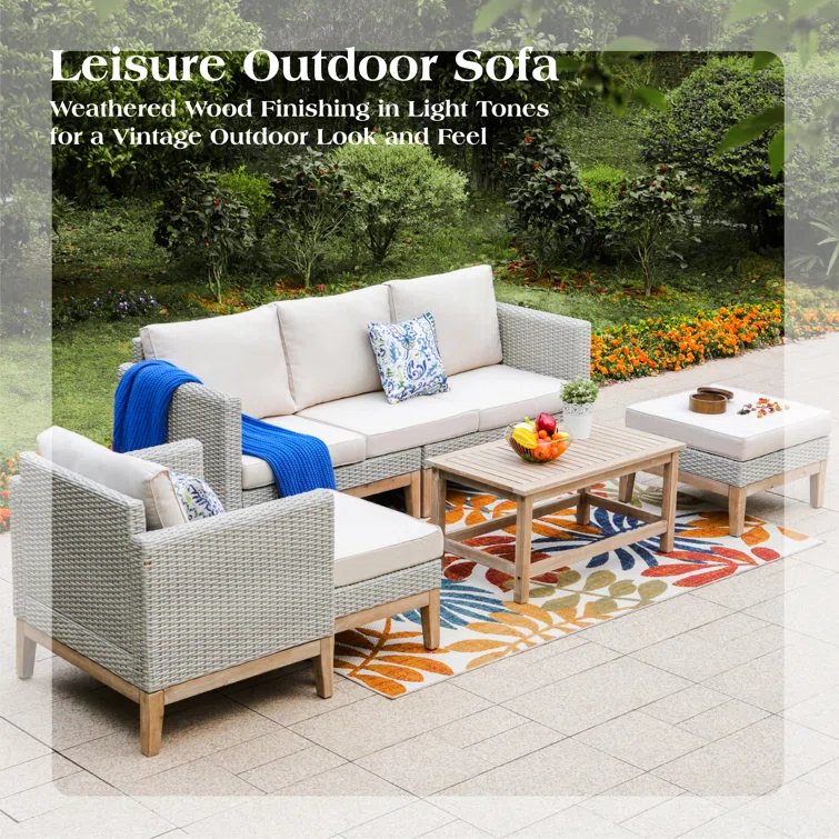 Romin 6-Person Outdoor Patio Conversation Furniture Set with Acacia Wood Coffee Table