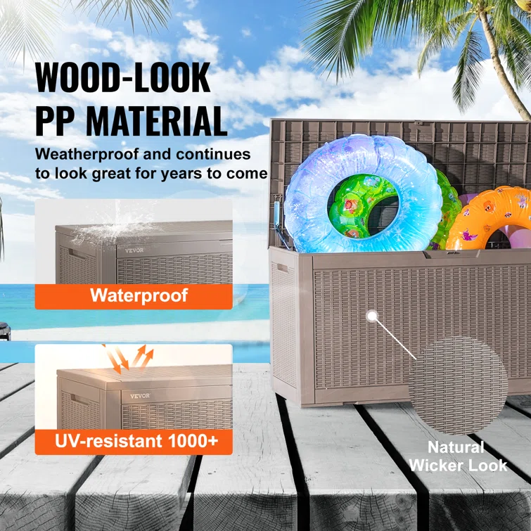 VEVOR 48'' W 100 Gallons Water Resistant Polypropylene Lockable Deck Box in Brown