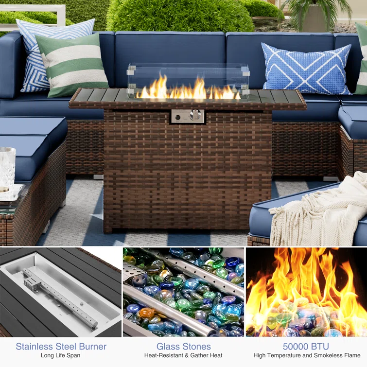 Rikuto 6-Person Slanted-Back Sectional Sofa With Fire Pit Table, Coffee Table