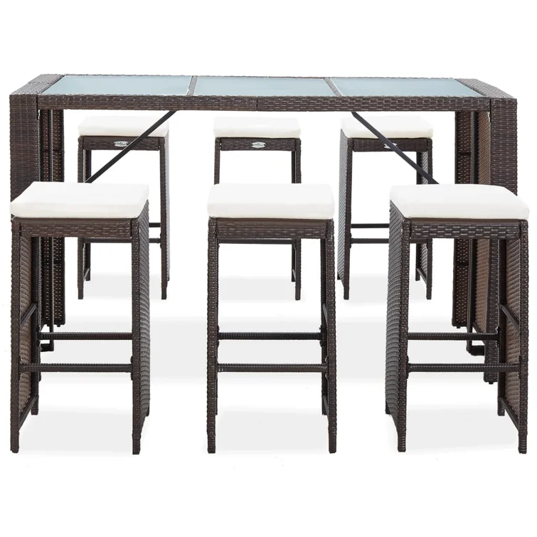 Patio Bar Set 7 Piece Outdoor Bar Table and Chairs Poly Rattan Brown