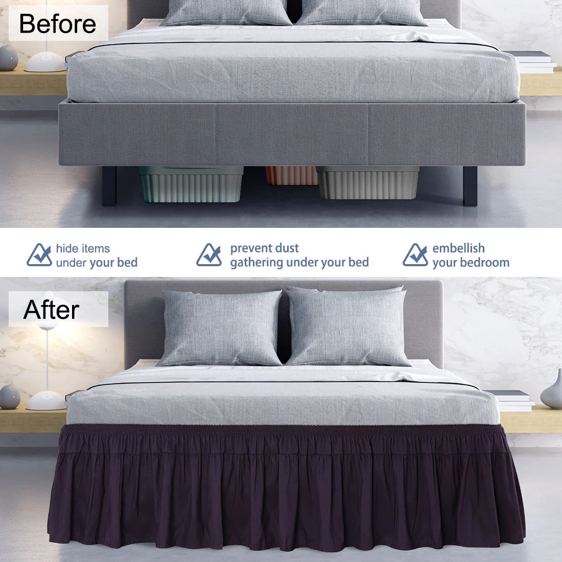 Polyester Brushed Bed Skirt with Elastic Dust Ruffles 16 Drop,