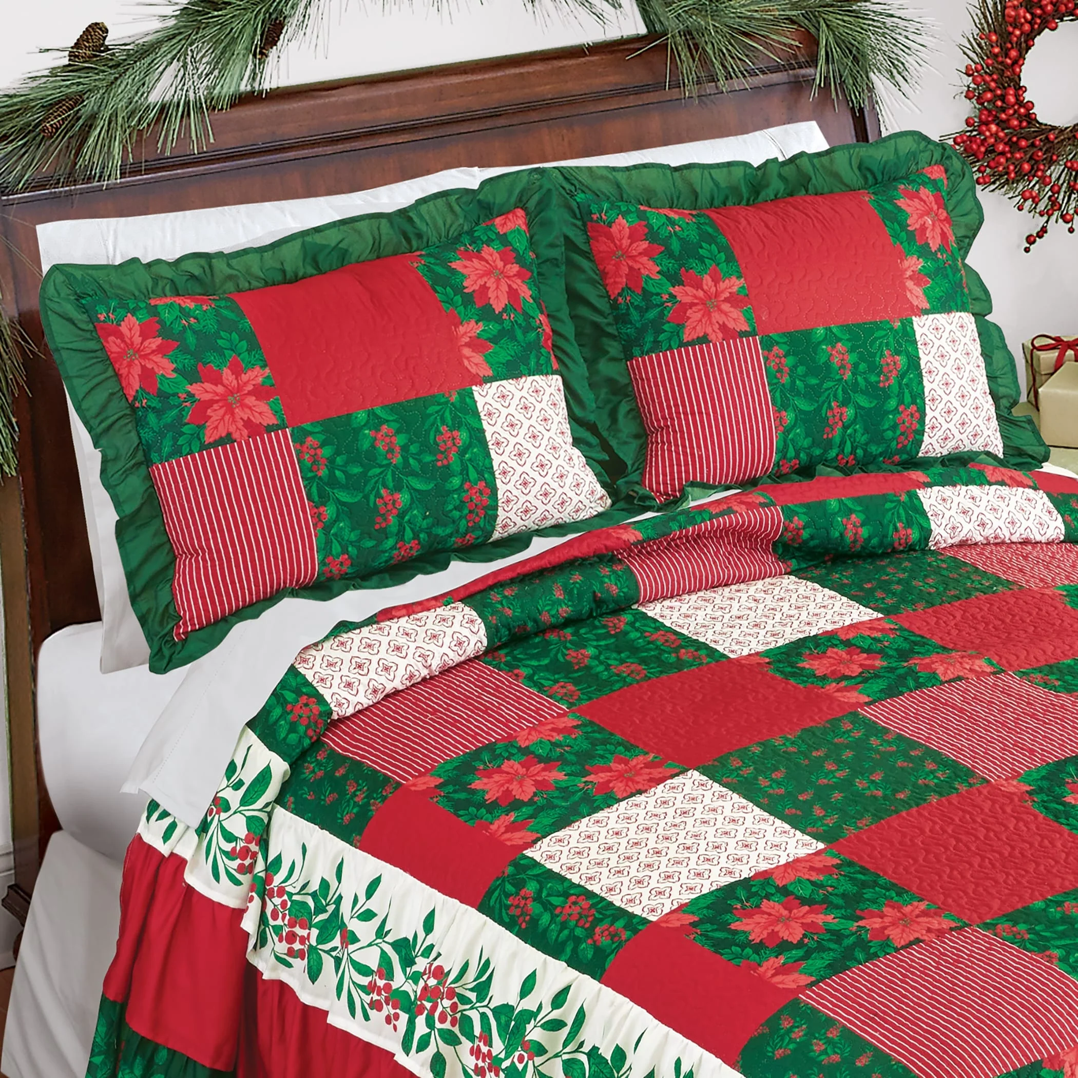 Mistletoe Patchwork Ruffled Edge Holiday Pillow Sham