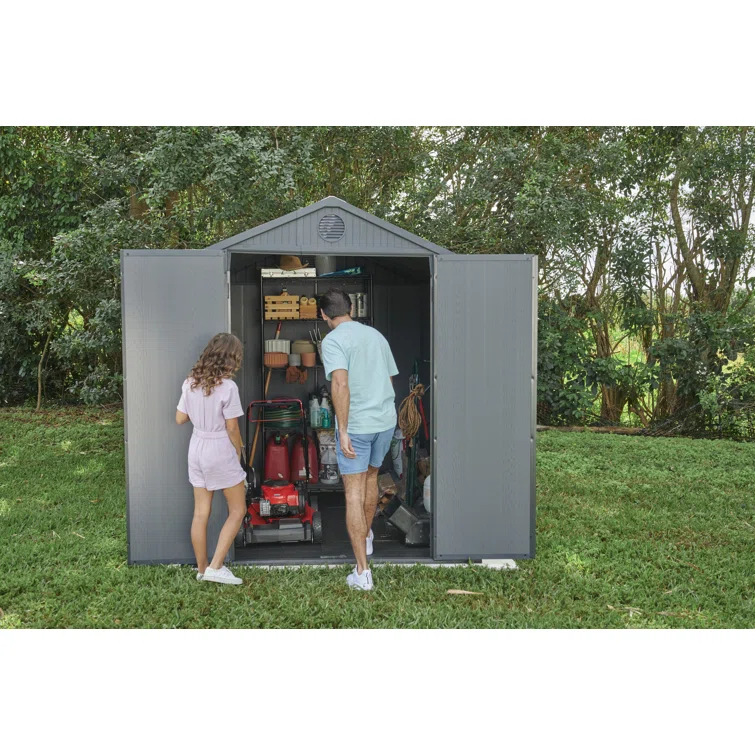 Keter Darwin  6x 8 ft. Durable Resin Outdoor Storage Shed With Floor and Double Doors for Garden Patio Furniture and Tools, Graphite