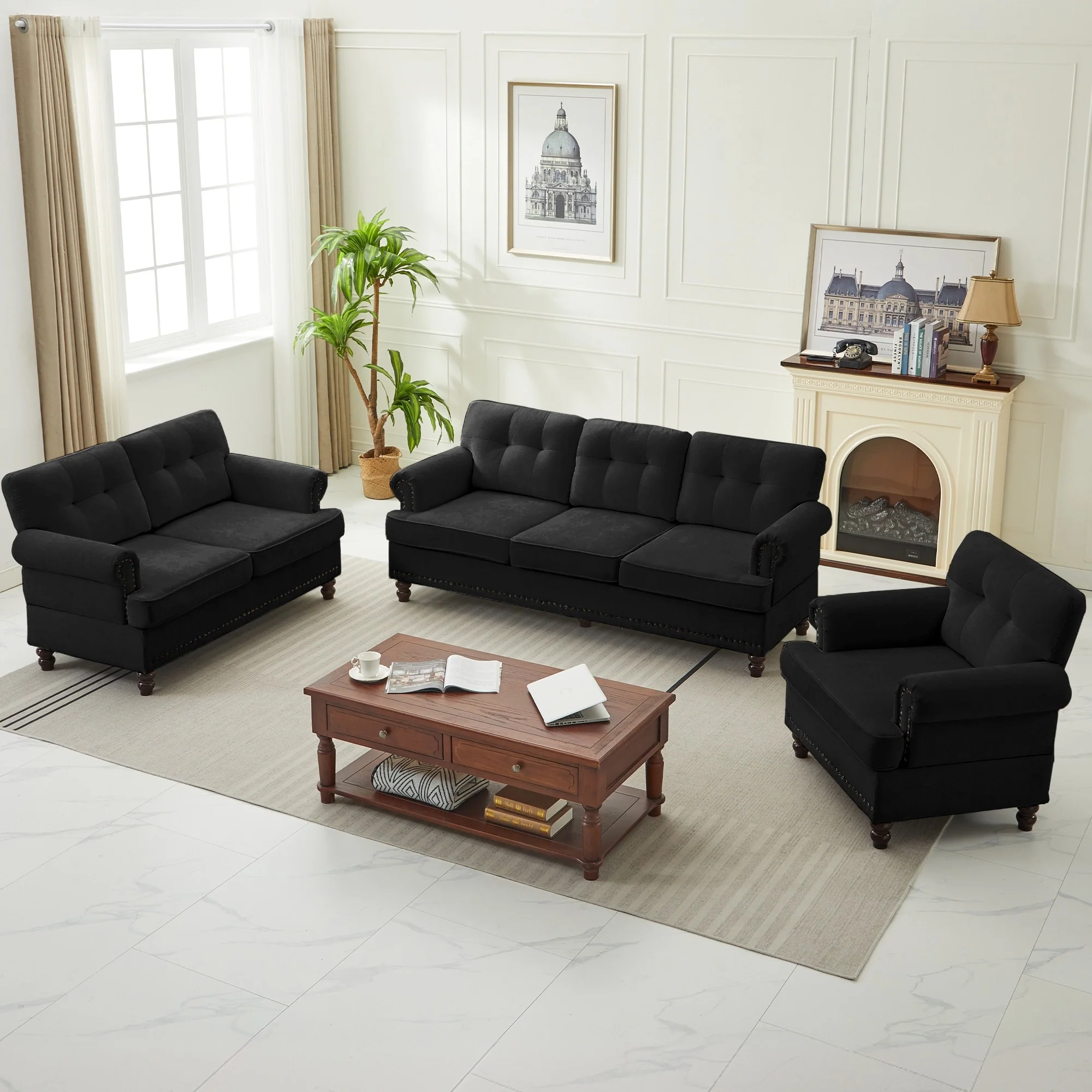 Set of 3 Chenille Sofa Set for Living Room, Button-Tufted & Nailhead Upholstery, Solid Rubberwood Legs